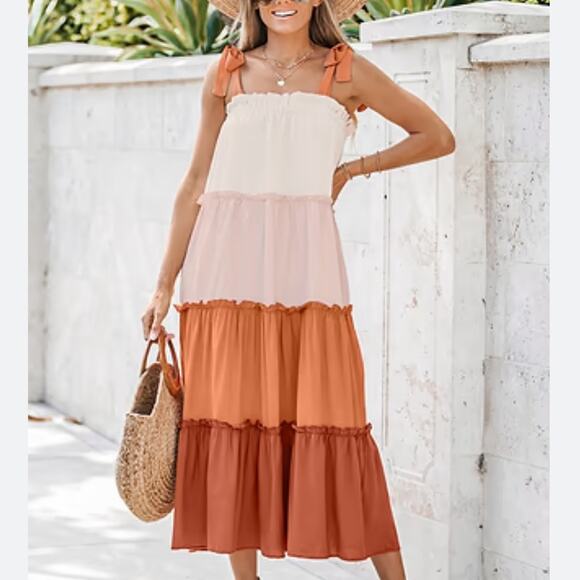 Large Dress Fall Midi Boho Bohemian Prairie Dress Resortwear Large Terra Cotta - Picture 3 of 14
